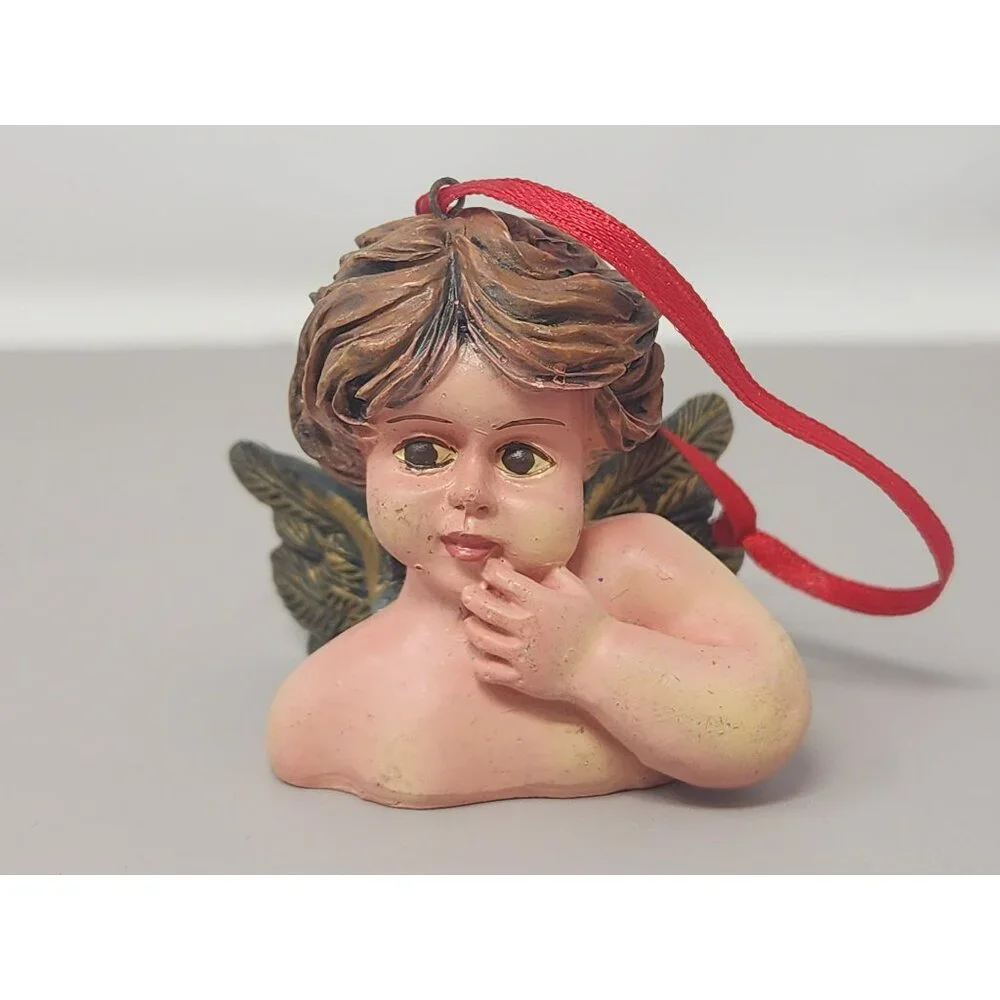 Set Of 3‎ Resin Angel Cherub Ornaments With Green Wings & Red Ribbon Hangers